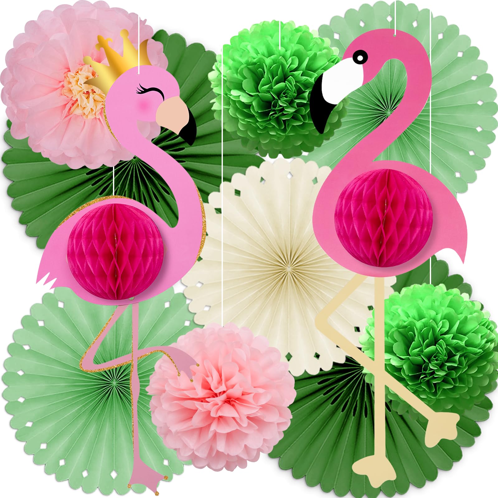Kit Décoration Jungle Flamant Rose - 11 Pièces Éventails, Pompons Et Flamants Pour Fête Hawaïenne Tropicale