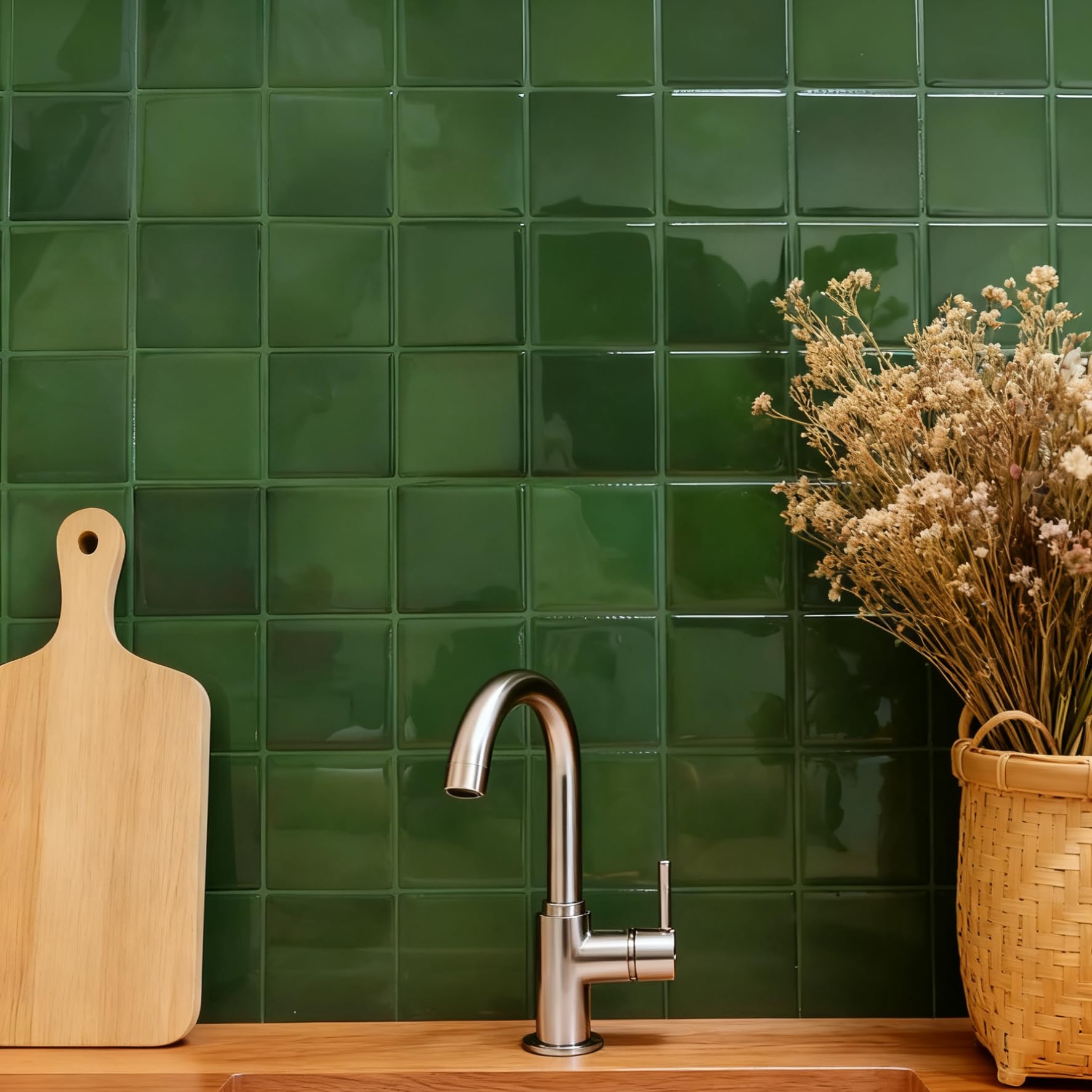 Cuadrado Azulejos Adhesivos Cocina, 3D Azulejo Autoadhesivo Impermeable para Cocina y Baño, Mosaico Vinilo Adhesivo Pared, 10 Unidades Verde Decorativos para Pared Adhesivo (22,9x22,9 cm)