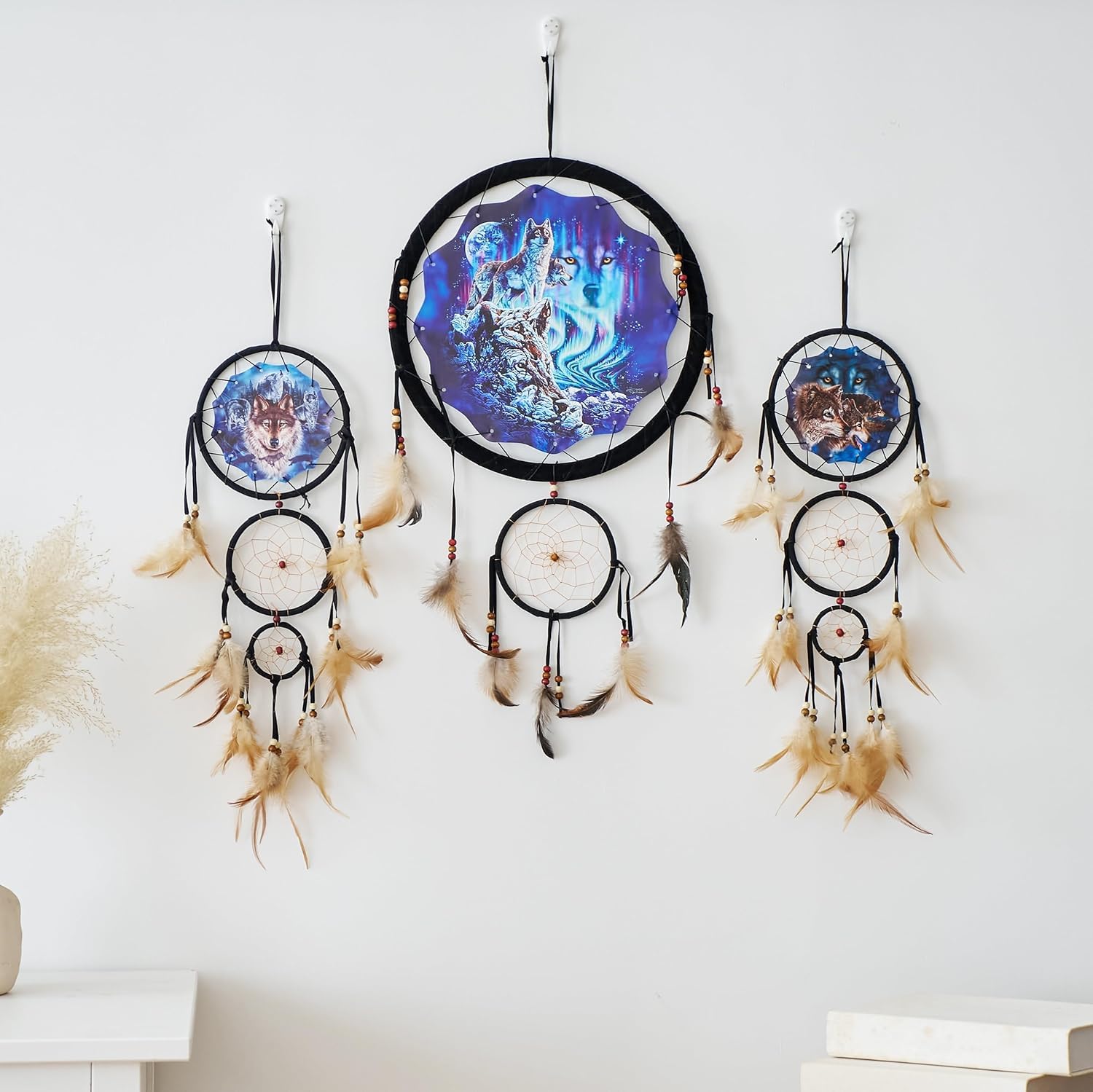 Remorlet Wolf Dream Catcher For Kids Bedroom Wall Decor, Christmas Home Decoration, Room Accessory, Feather Decoration - Unique Home Craft Wall Pendant (DC03 13Inch Set 3 Wolves)