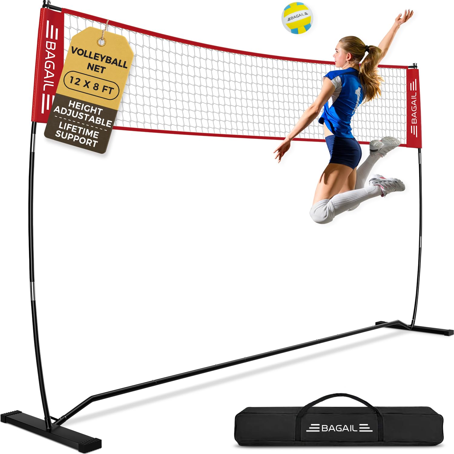 BAGAIL Volleyballnetz, 3.6m Volleyballnetz für den Garten - Verstellbare Höhe, Heavy-Duty-Rahmen, Freistehendes Design - Tragbares Outdoor/Indoor-Volleyball-Set mit Tragetasche, Rot