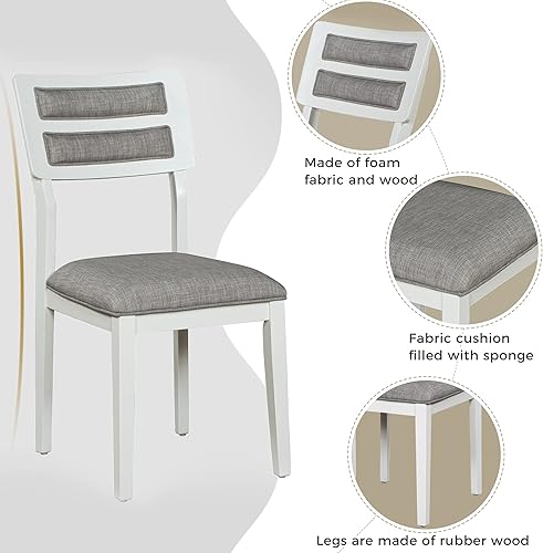 Miniatura 6 de Merax Juego de mesa de comedor de madera de 6 piezas de estilo clásico y tradicional con 4 sillas tapizadas y banco, blanco y gris