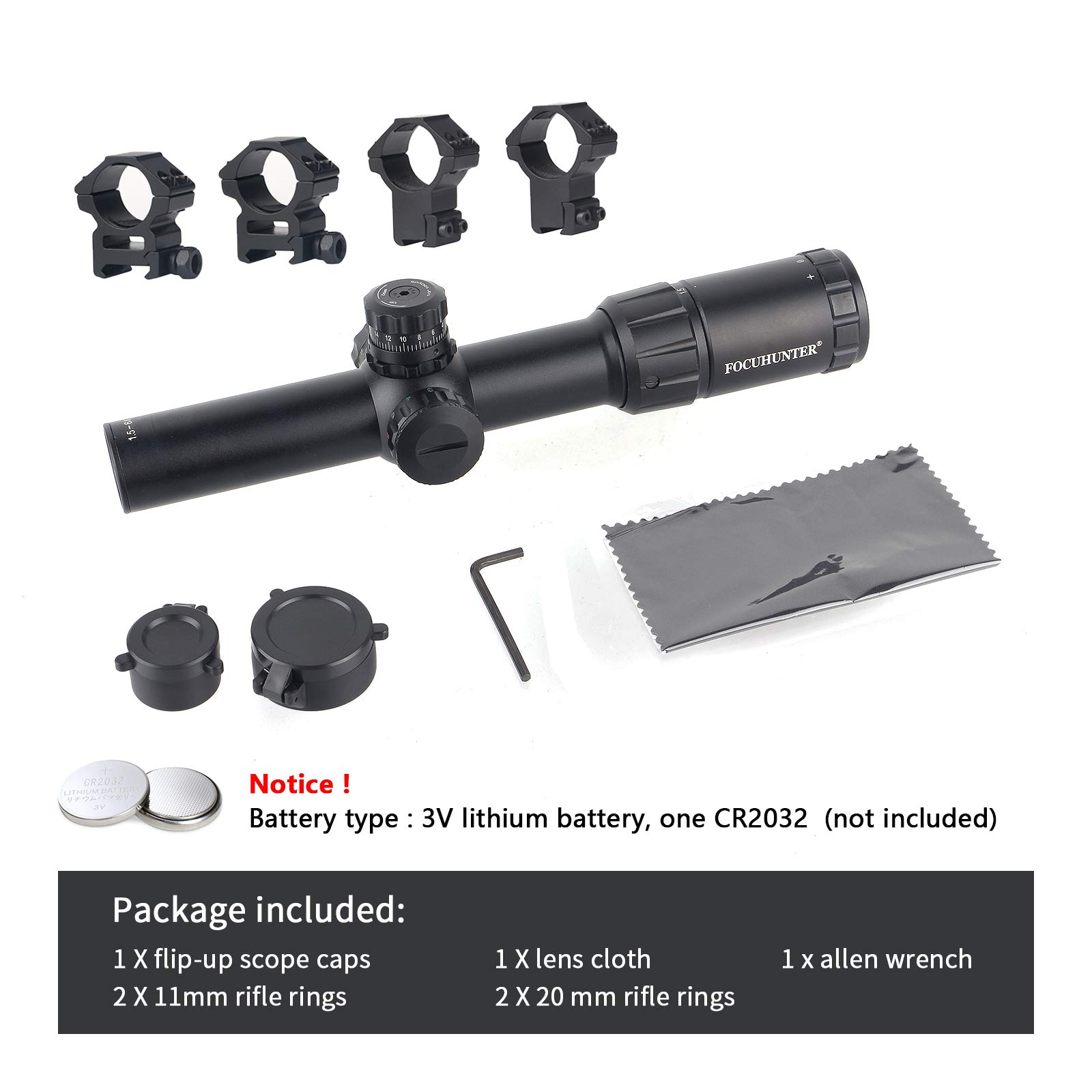 FOCUHUNTER Rifle Scope 1.56X24mm Airsoft Scope Illuminated Red/Green