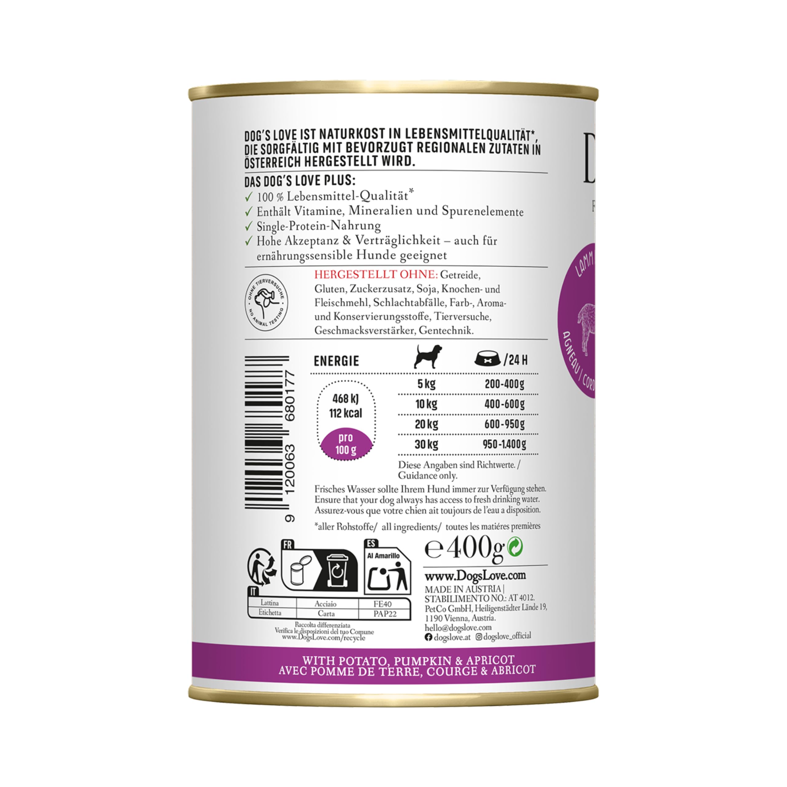 DOG'S LOVE Classic Agneau Lot de 6 (6 x 400 g)