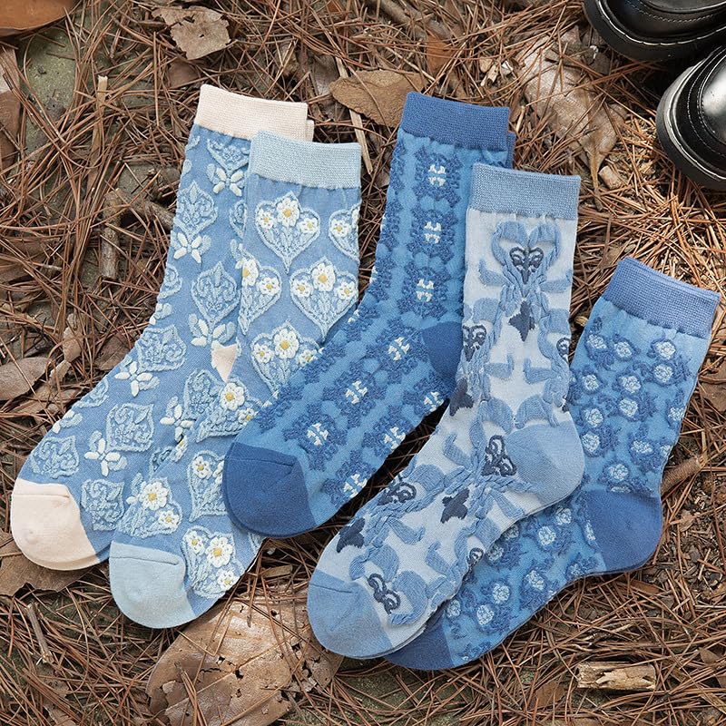 5 Pairs Cartoon Flower Pattern Knitted Crew Socks Comfy Breathable Soft Outdoor Socks2