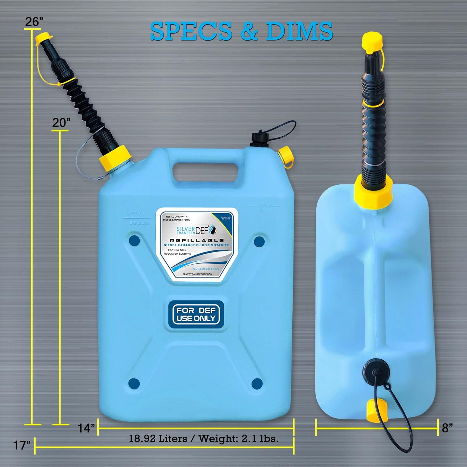Diesel Exhaust Fluid Refillable DEF Jug 5 Gallon Silver Transfer