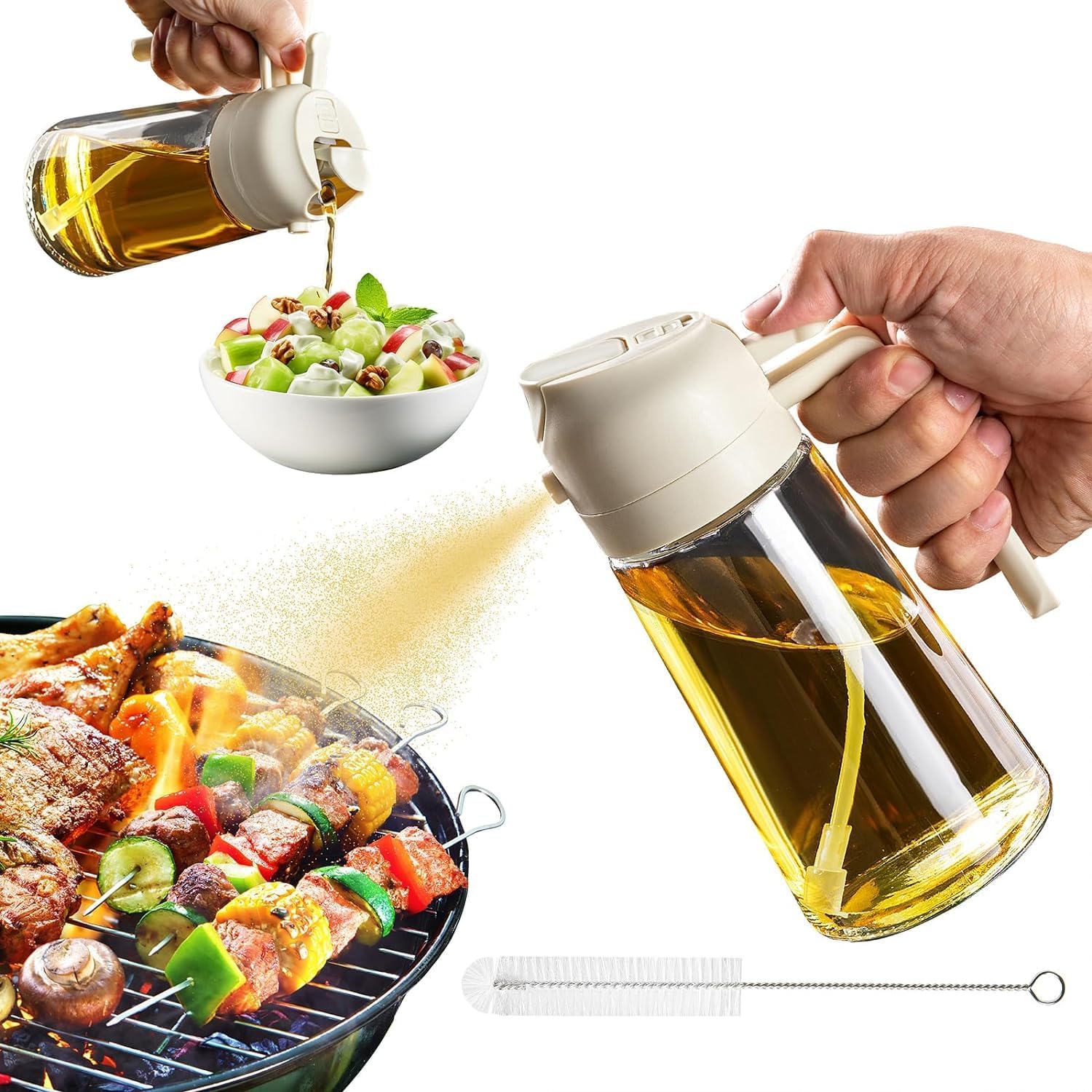 2-in-1 Olive Oil Sprayer and Dispenser Bottle, 500ml Glass Oil Spray Bottle with Premium Nozzle for Air Fryer, Roasting and Frying, Cooking, Kitchen Use (White)