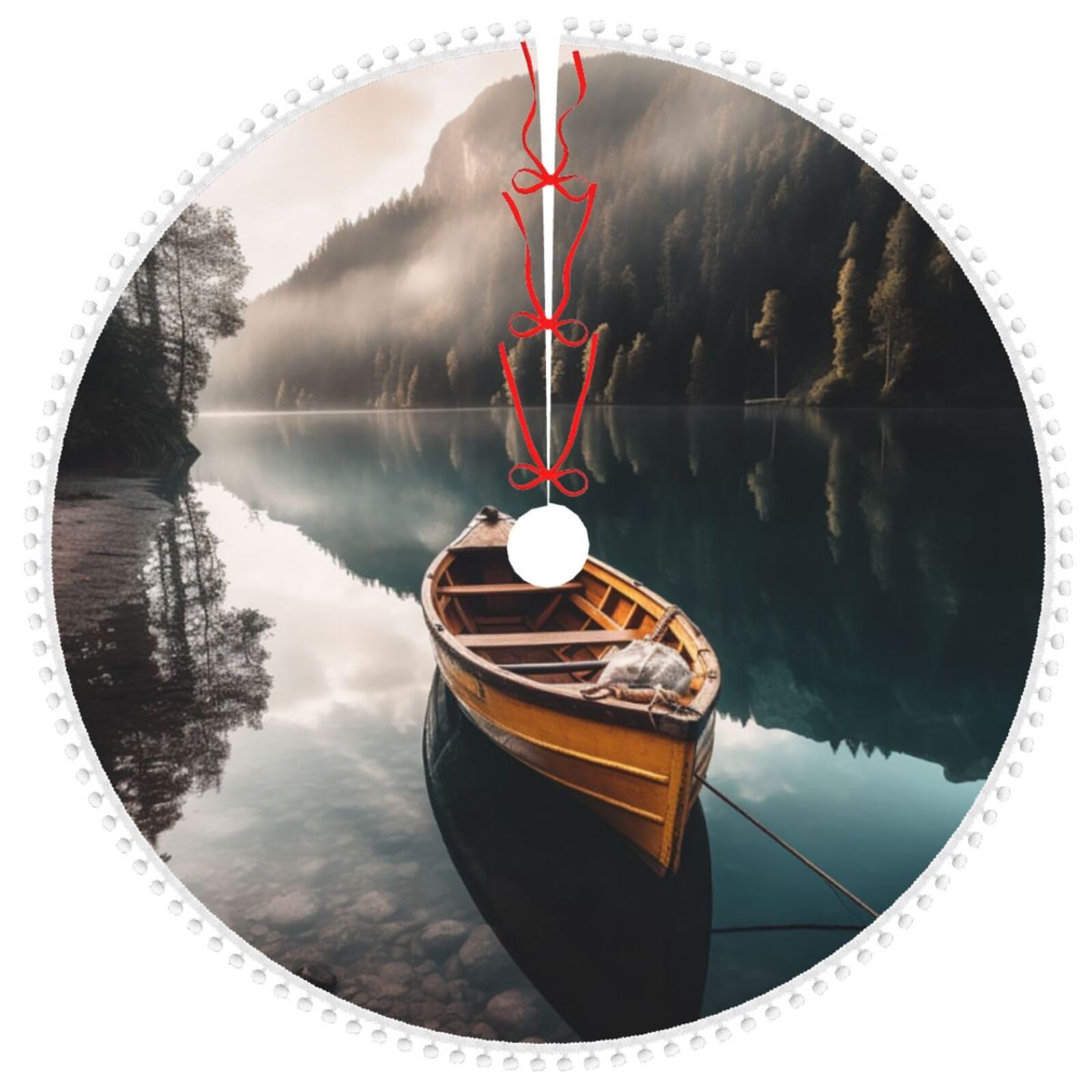 Jupe de sapin lac et bateau 122 cm pour embellir vos fêtes en famille