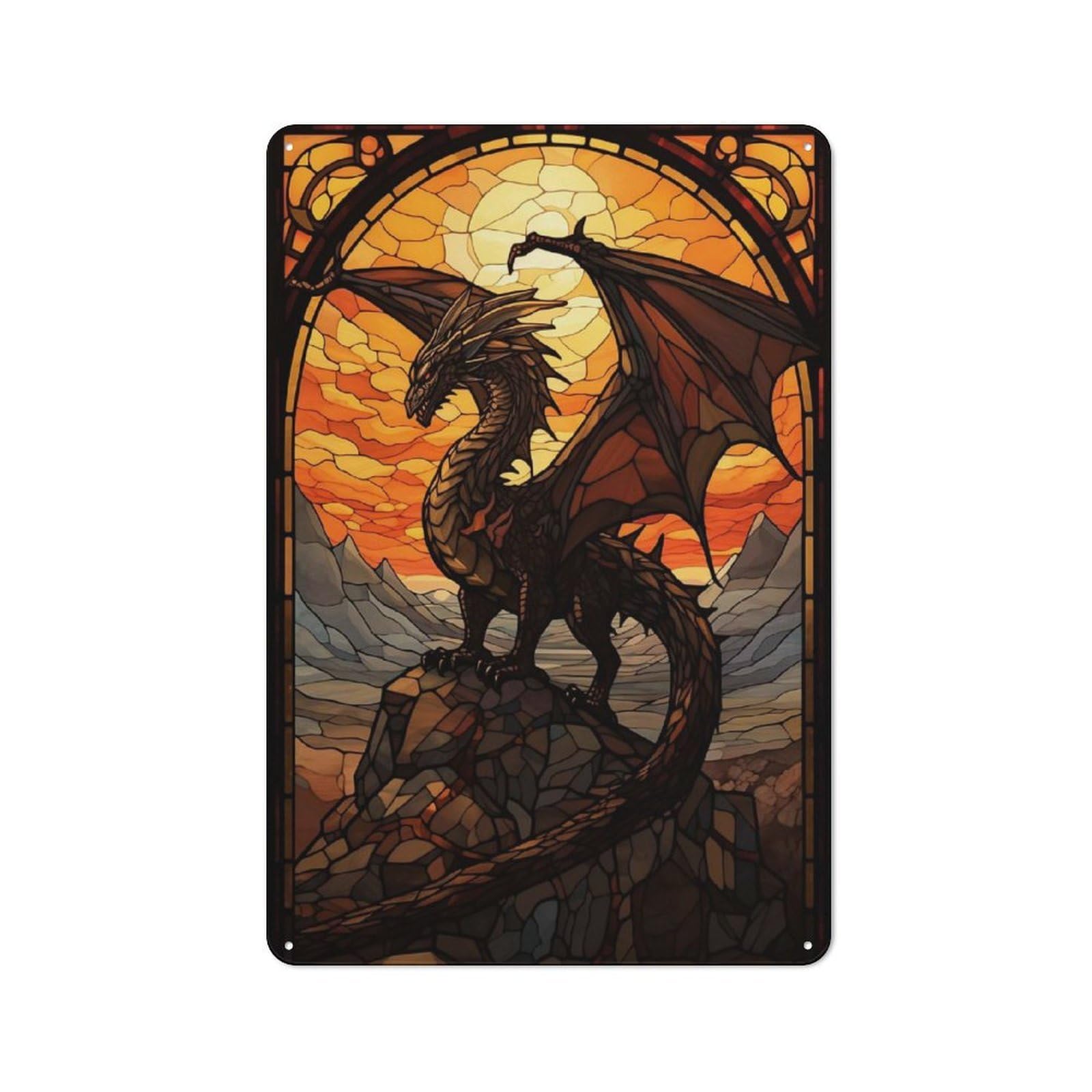 Junmoney Style-20 Dragon Stained Glass Retro Metal Sign 30X20cm, Distressed Look Retro Room Decor For Living Room, Hallway, Kitchen Or Cafe