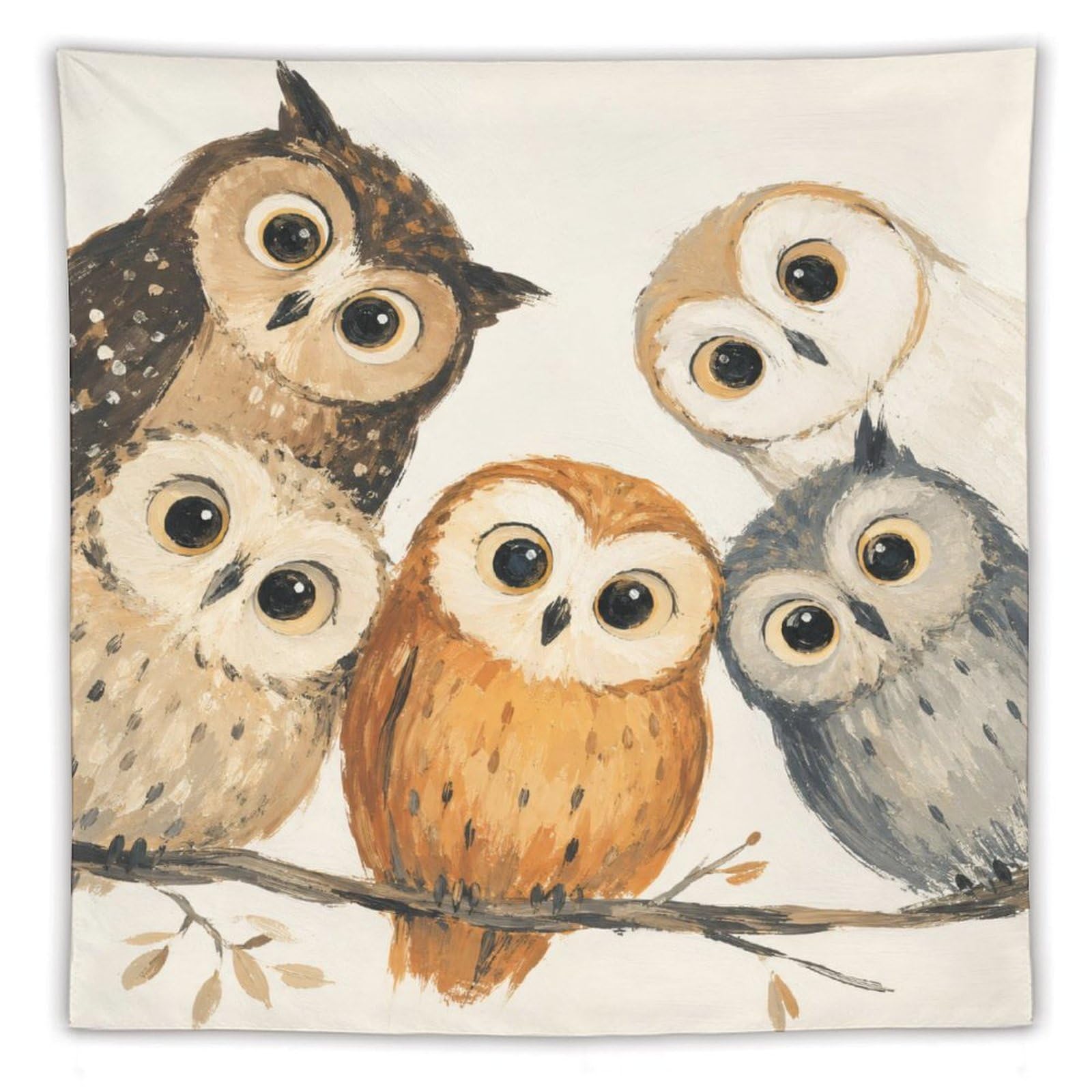W7C8U2X3 Owl Family on Branch Wall Tapestry, Watercolor, Sofa Area
