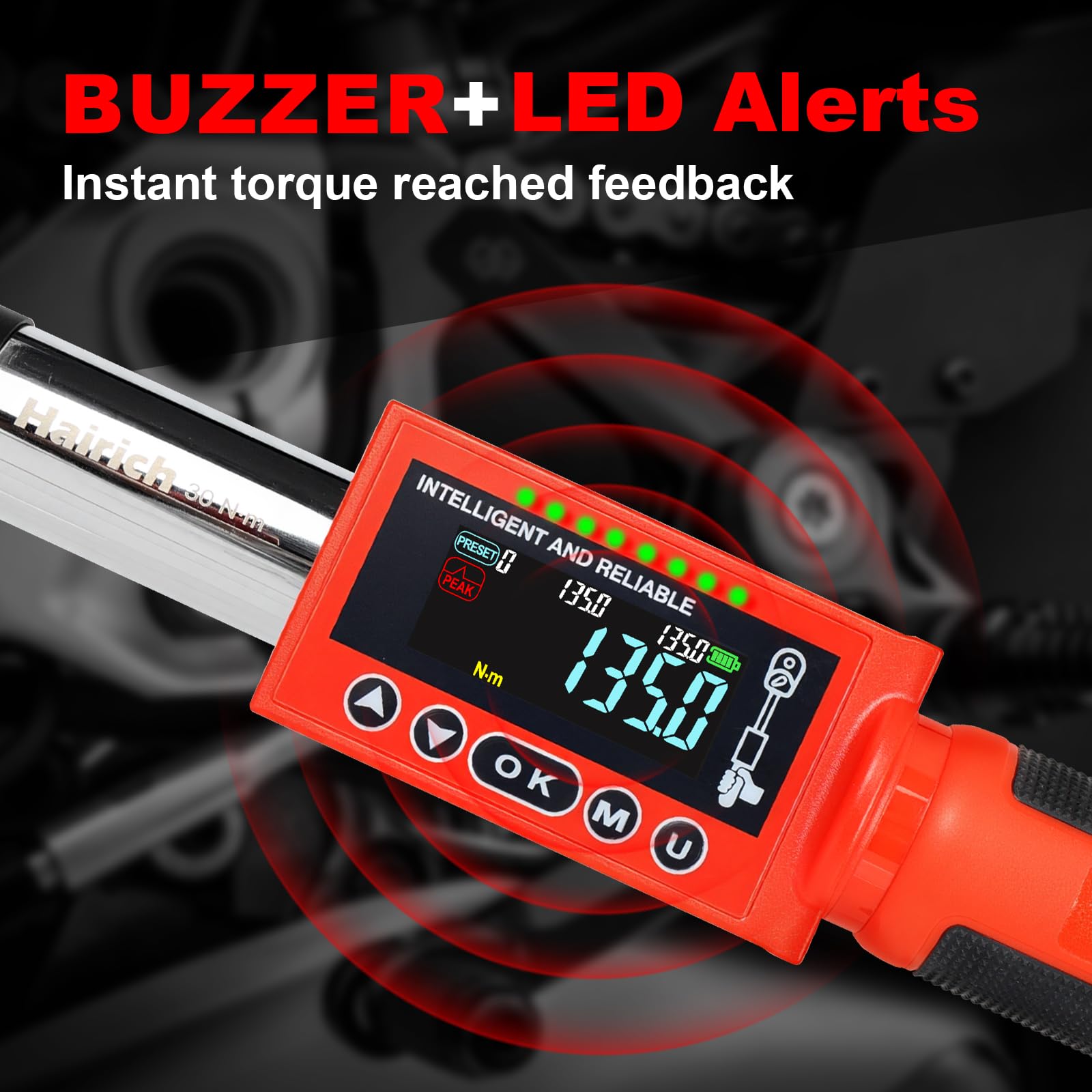 Hairich 3/8 Zoll Digitaler Drehmomentschlüssel, 6–135 Nm, ±2% Genauigkeit, mit Farbdisplay, Signalton & LED-Warnung – Präzises Drehmomentwerkzeug für Motorrad, Fahrrad, E-Bike und Werkstatt