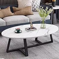 Wolawu Small Oval Coffee Table White Faux Marble Modern Living Room Center Table Sturdy Black Metal Legs for Small Spaces