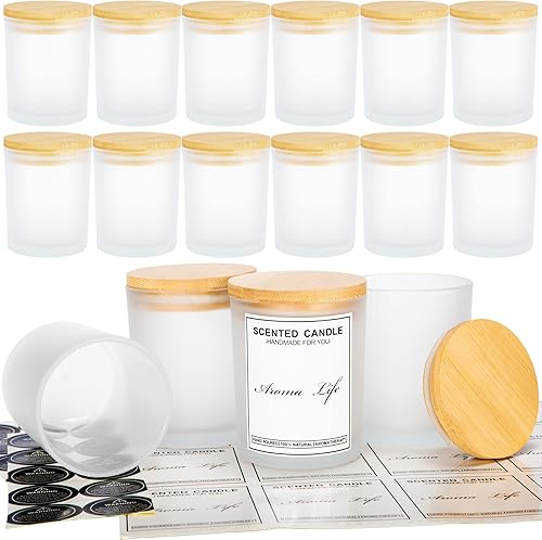 Miniatura 6 de Creahaus Paquete de 16 tarros de vela gruesos de 10 onzas con tapas de bambú para hacer velas, recipientes de vela de vidrio vacío rosa a granel y