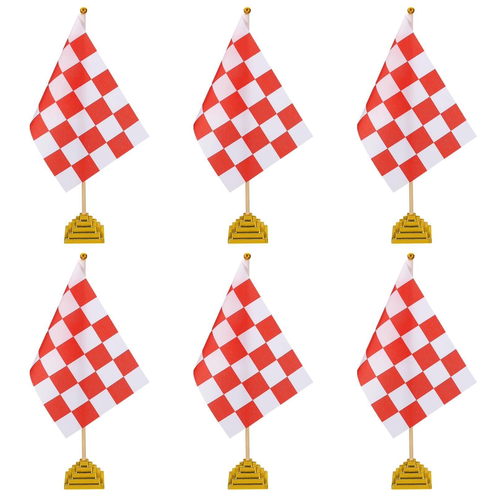 Drapeaux de course à carreaux rouge et blanc PATIKIL avec base dorée x6