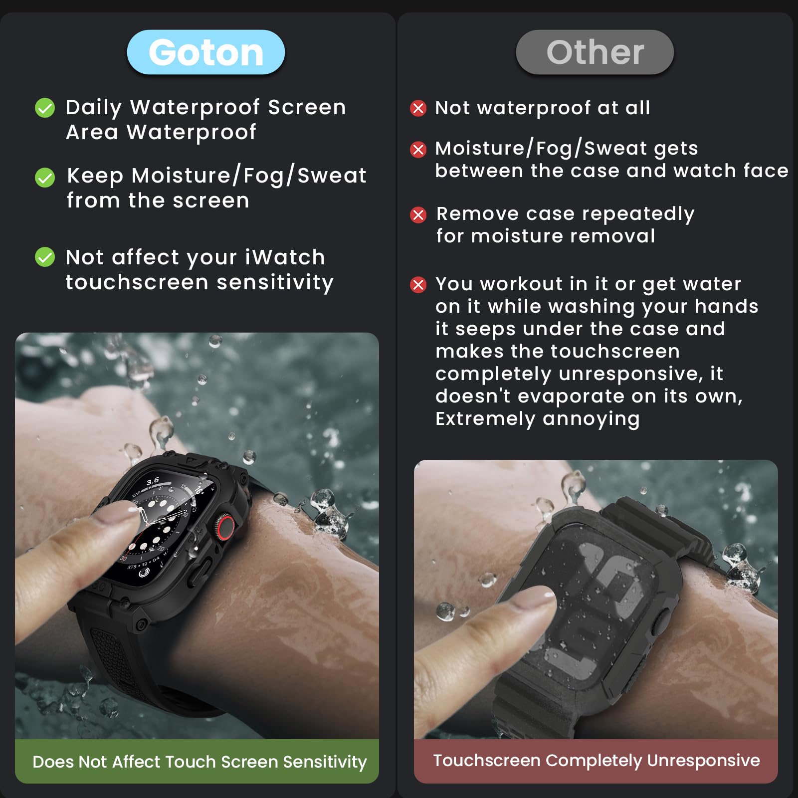 Goton Custodia impermeabile 3 in 1 e cinturino con pellicola protettiva in vetro temperato per Apple Watch Series 10 9 8 7 6 5 4 SE2 SE Ultra 46 mm 42 mm 44 mm 40 mm 45 mm 41 mm 49 mm, copertura