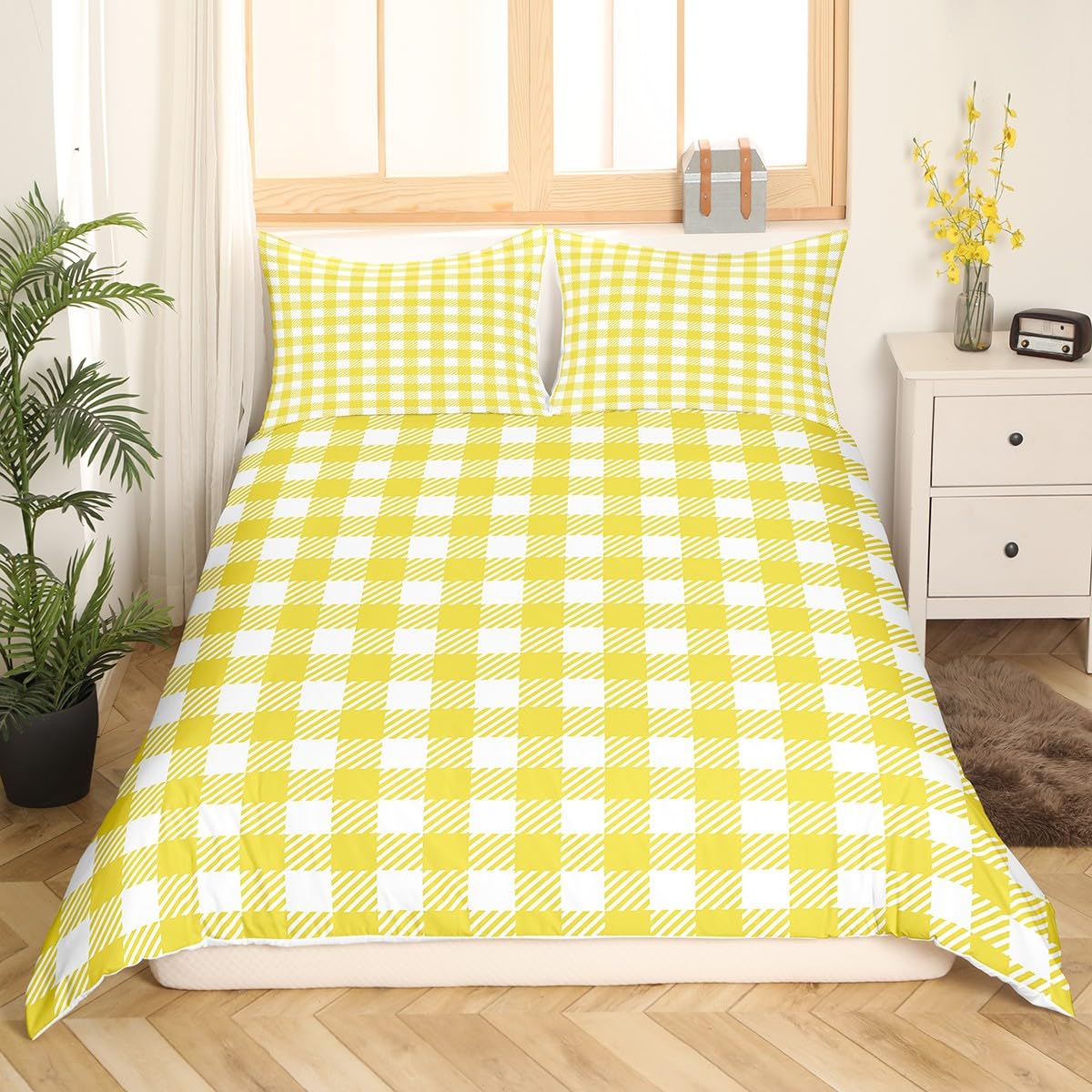 richhome Yellow Plaid Buffalo Check Plaid Bedding Duvet Cover Set Classic Gingham Pattern Comforter Cover Set Yellow White Scottish Bedspread Cover Bedroom Quilt Cover 3Pcs King