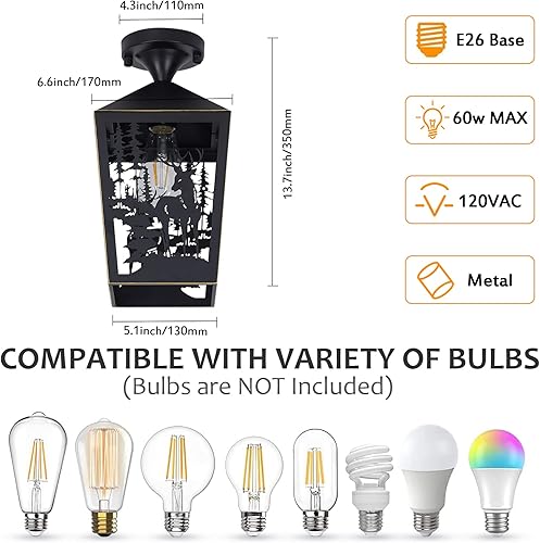 Miniatura 6 de Monaxon Lámpara de techo semiempotrada de granja, de metal negro rústico con ciervos para cabaña de troncos, pasillo, vestíbulo, cocina, balcón y