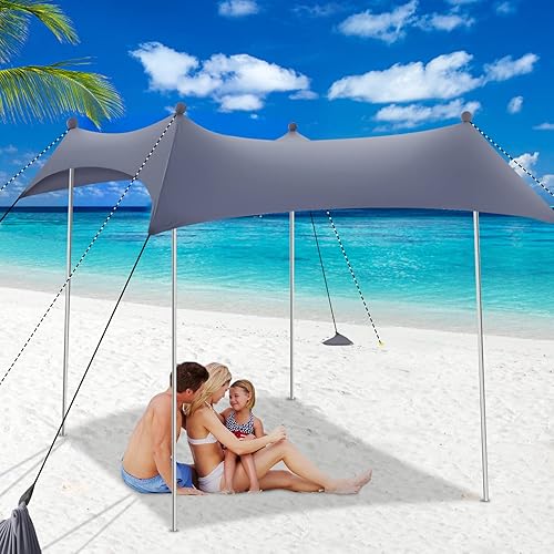 MCADORE Tienda de campaña de playa desplegable UPF50+ toldo de playa portátil con 4 postes de aluminio, cuerdas antiviento y bolsa de transporte