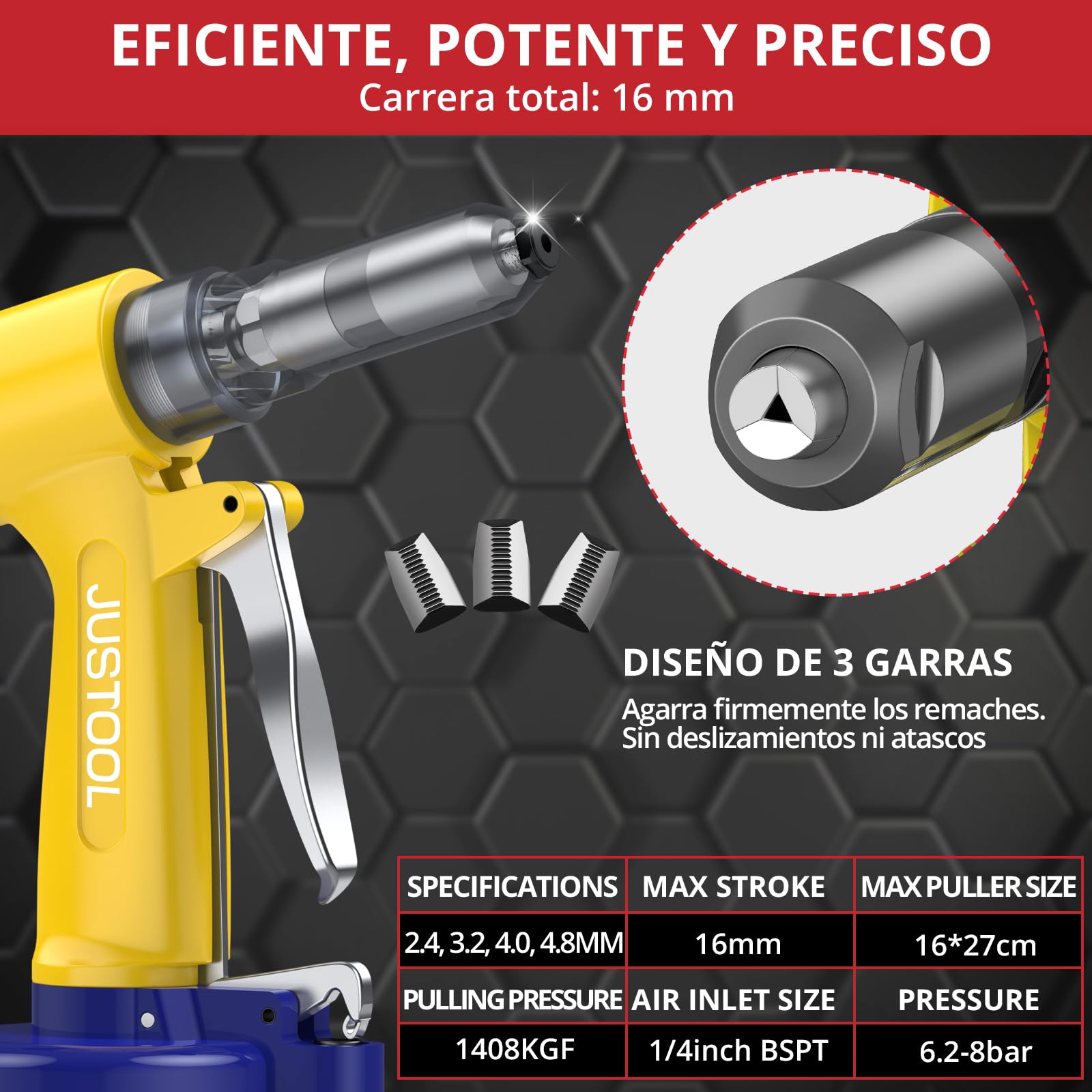 JUSTOOL Remachadora Neumática con 4 Boquillas (2.4mm,3.2mm,4.0mm,4.8mm) y 3 Mordazas,1408KGF Pistola de Remachadora para el Mantenimiento de Automóviles y Embarcaciones