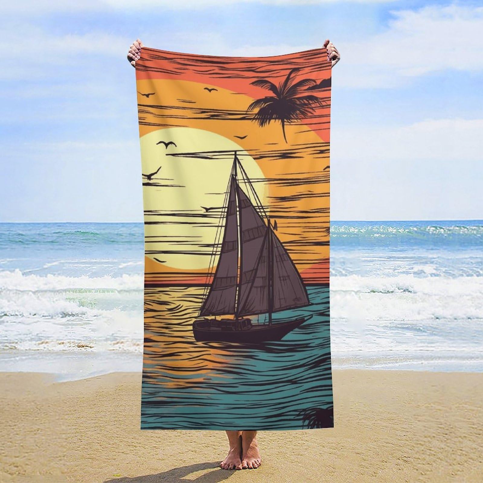 NTVOWPZO Sunset and Sailboat Beach Towel Oversized Microfiber Bath Towels Lightweight Sand Proof Beach Towels Absorbent Pool Towels for Swimming Yoga Bathroom Towel 31.5" X 63"
