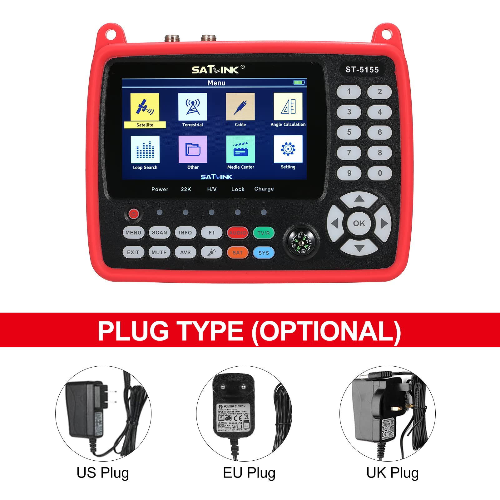 Digital Satellite Finder Meter DVB-S/S2/T/T2/C - Misuratore combinato portatile per TV satellitare, 2600 mAh, misuratore di segnale digitale ricaricabile, H.264/H.265 HEVC MPEG-2/4