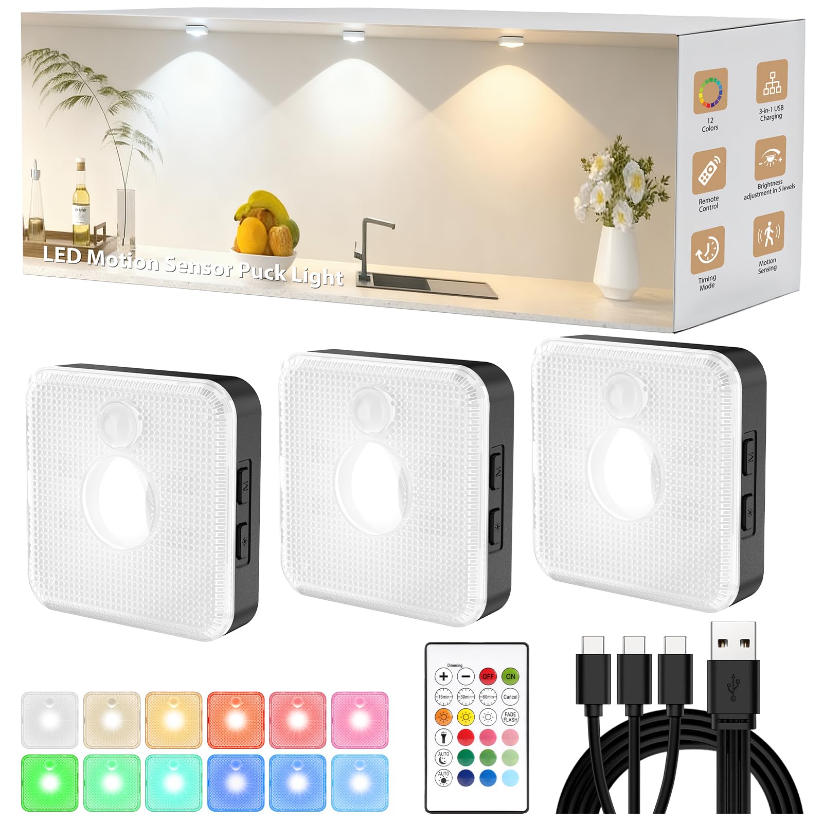 GBEAST 3 Stück Schrankbeleuchtung mit Fernbedienung, Vitrinenbeleuchtung Led, Schrankbeleuchtung Unterbauleuchte, 12 Modi, 1000mAh Akku, USB Aufladbar, Magnet Unterbauleuchte Küche Schrankbeleuchtung