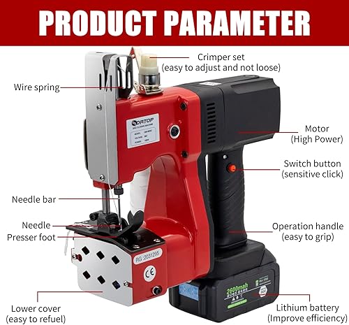 Miniatura 9 de Máquina de cierre de bolsa de batería Máquina de embalaje portátil inalámbrica para bolsas de arpillera, lona, sacos de alimentación, bolsas de