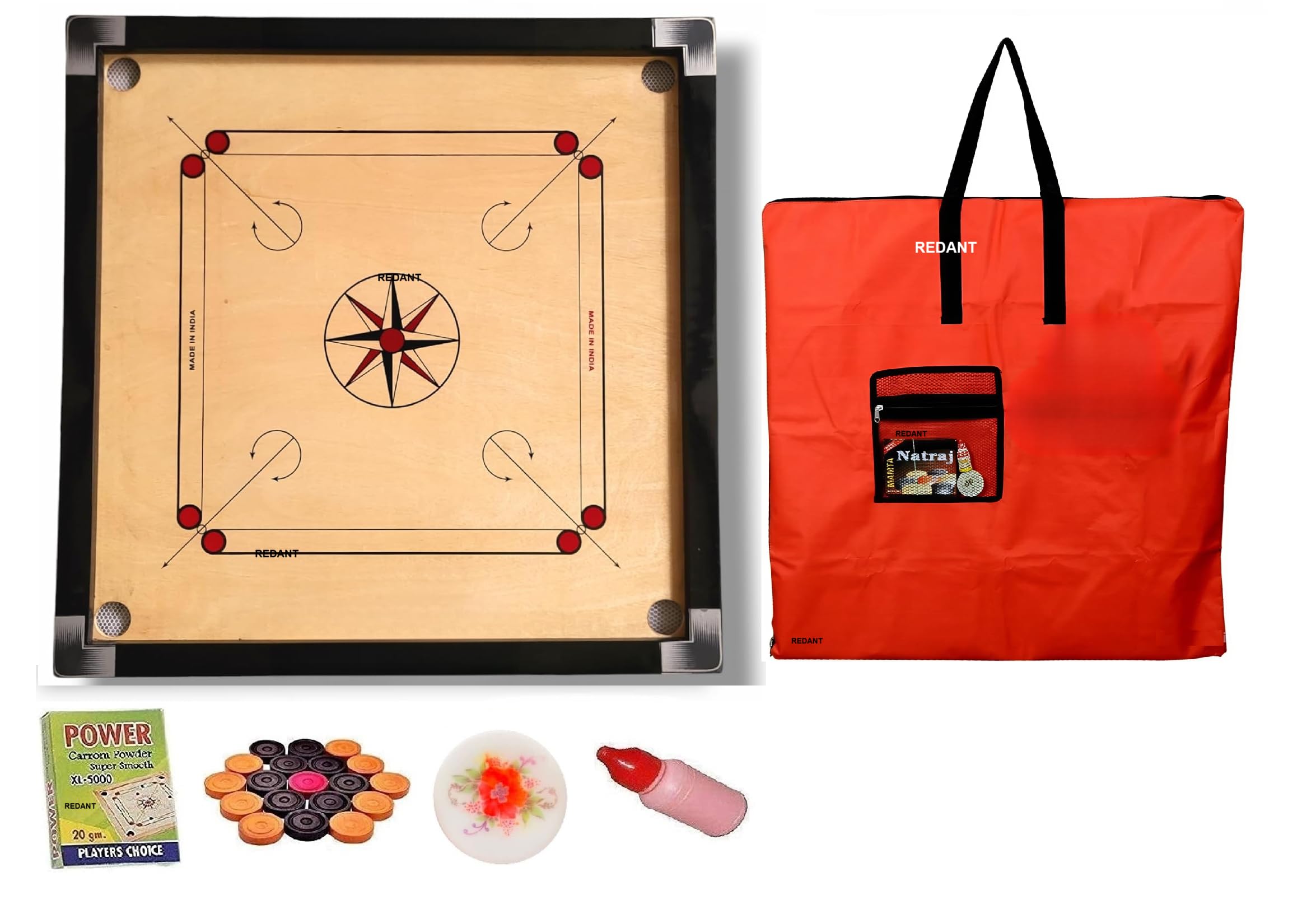 WRF Superior Matte Finish Practice Carrom Board Game for Serious Professional Practice with Coins Striker and Powder Black New(32 inch Carrom with Red Cover KM-2025)