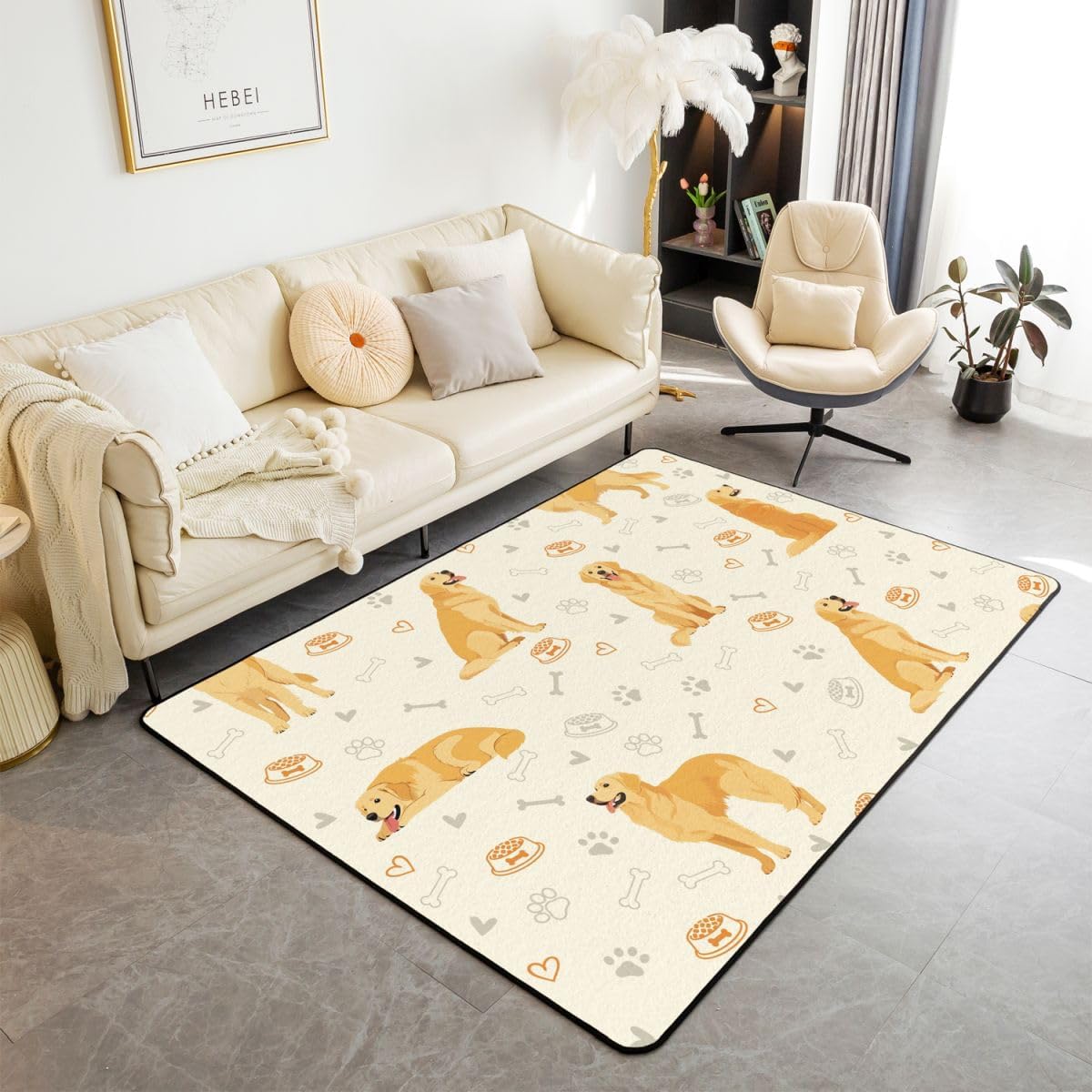 Erosebridal Cute Golden Retriever Area Rug 4'11" X 3'3" Lovely Dog Living Room Rugs Non Slip Pet Dog Lover Decorative Carpets Paw Print Aesthetic Indoor Floor Mat