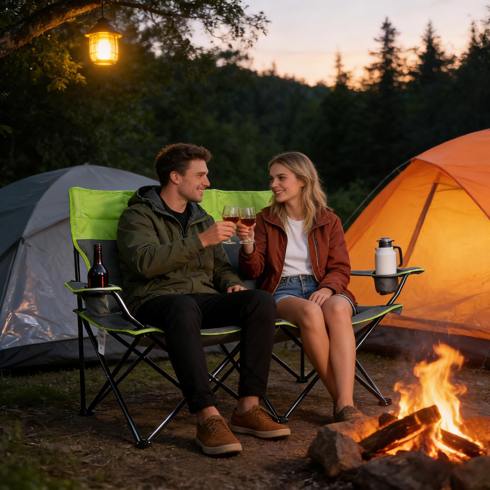 Campingstuhl Faltbar für 2 Personen, Klappstuhl Camping mit Getränkehaltern, Armlehnen & Tragetasche, Doppelfaltbarer Campingstuhl, Trägt bis 200kg, Faltstuhl für Camping Picknick Strand