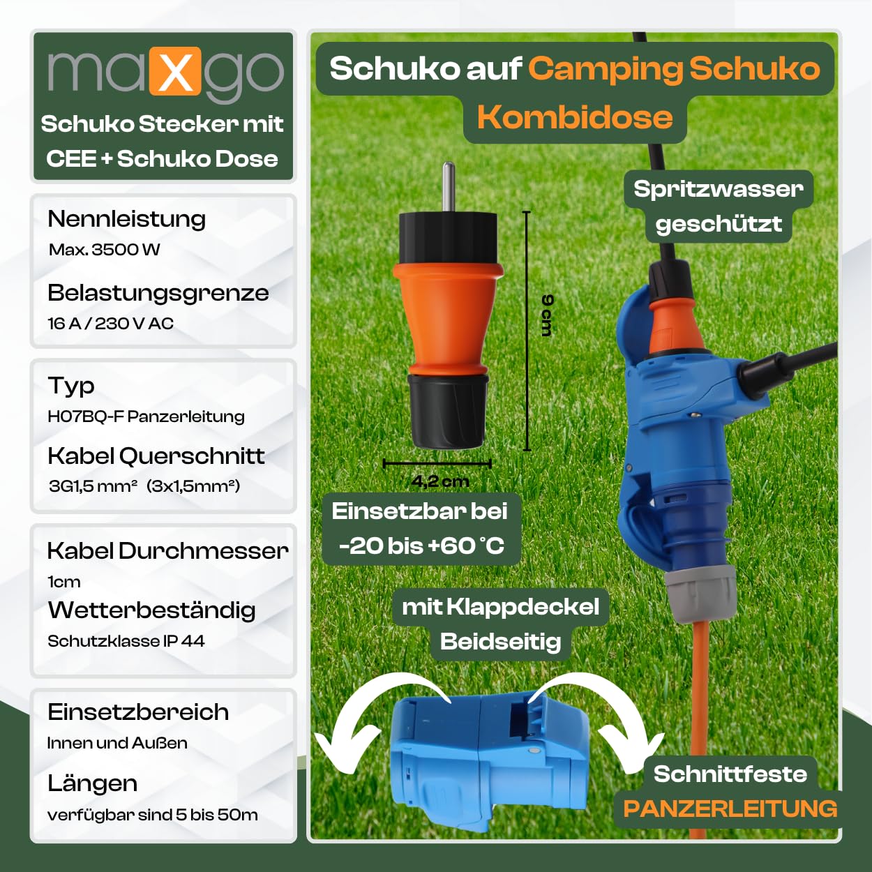 Camping Adapter 10m Mit CEE Winkelkupplung Und Integrierter Schuko Steckdose H07BQ-F Kabel 3x1,5 Verlängerungskabel Strom Kabel Wohnmobil Wohnwagen Caravan Landstromanschluss