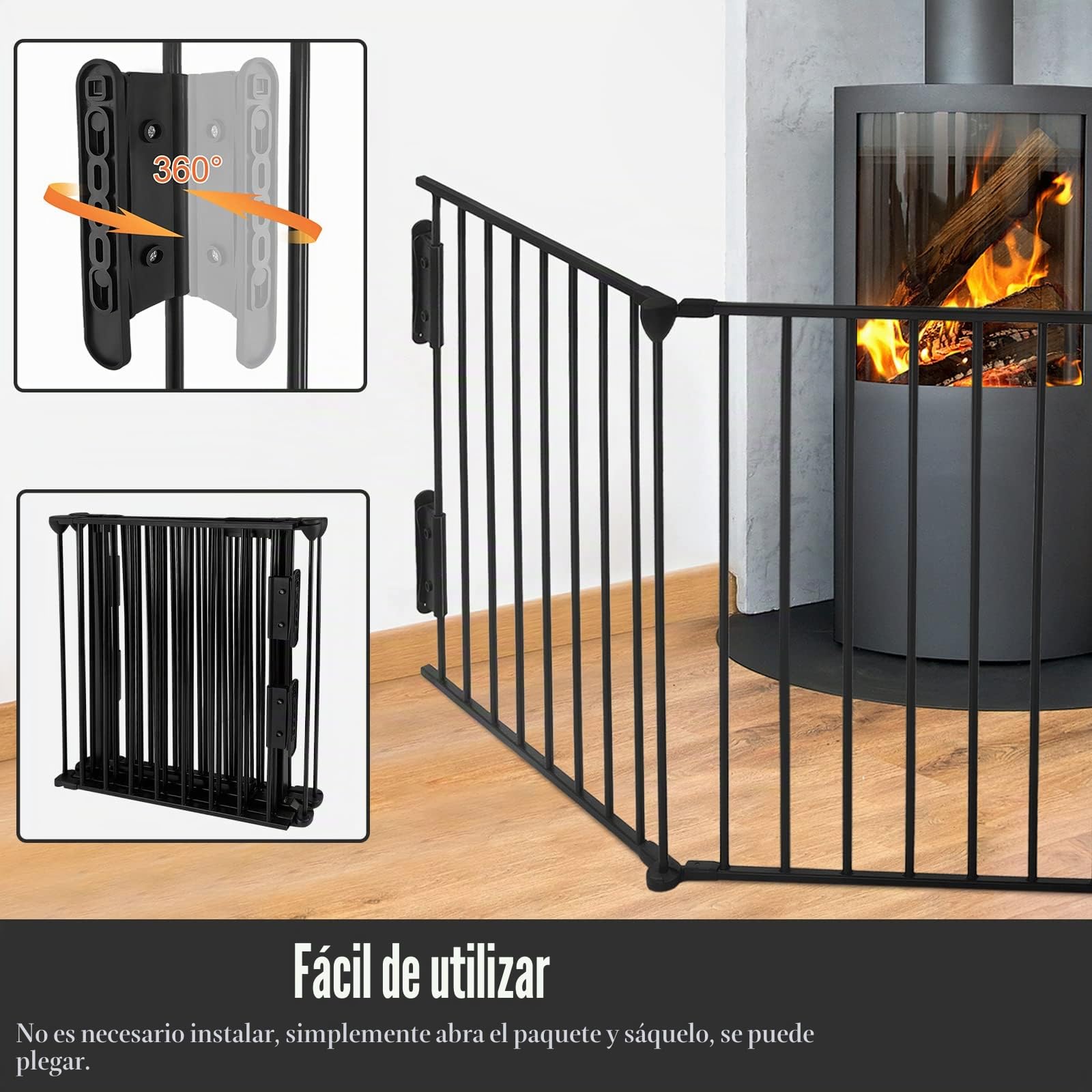 Aufun Chimenea Puerta de Seguridad Metálica con Puerta, 5 Elementos, Puerta de Seguridad Horno, Rejilla de Configuración para Seguridad Infantil, 300 x 75 x 60 cm (Negro)