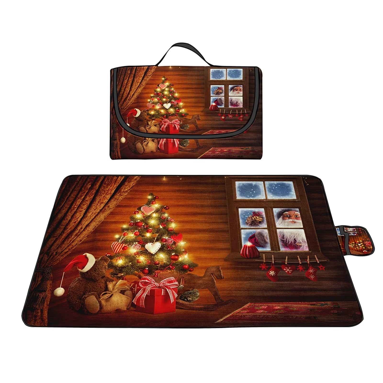 Couverture Pique-nique Imperméable 180x200cm,Couverture Plage Extérieure XXL,Dessin animé de l'arbre de Noël Camping Couverture étanche Pique-nique avec Poignée pour Camping Randonnée Parc Plage