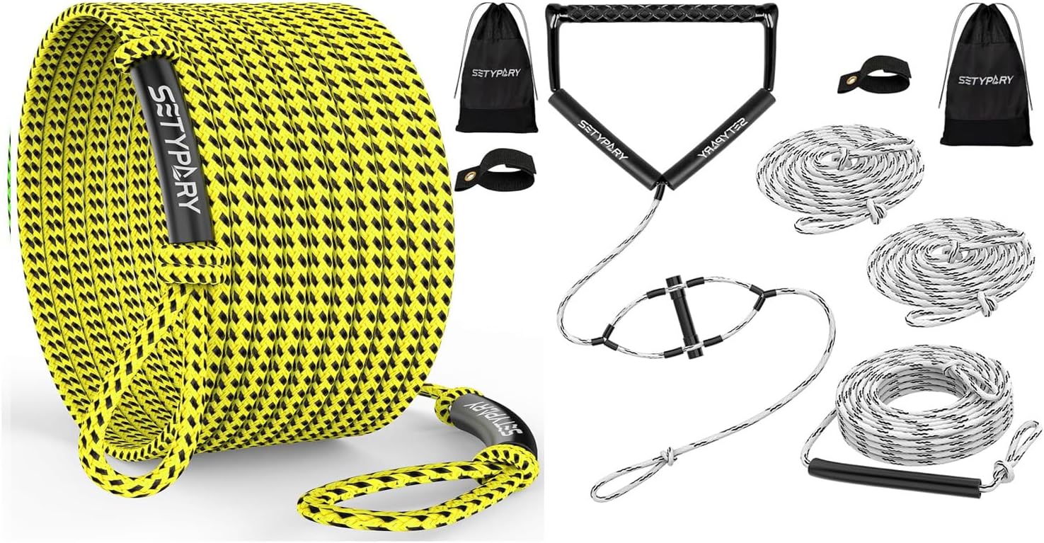 60FT & 75FT Combo: 4K Heavy-Duty Floating Tube Tow Rope for 1-4 Person Towable Tubes (Yellow & Black) + Wakeboard Rope with Handle, 4-Section Adjustable Water Ski Rope (White & Black)