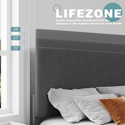 Miniatura 4 de Lifezone Base de cama Queen con cabecero, marco de cama tapizado de lino con soporte de listones de madera, no necesita somier, pies resistentes,