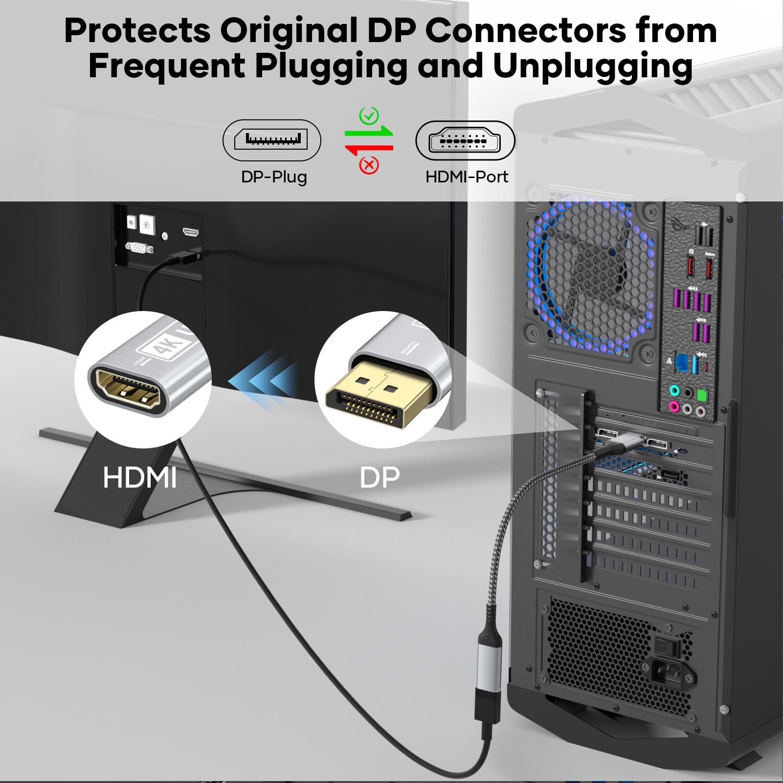 4K Adaptateur Displayport vers HDMI, Convertisseur Unidirectionnel DP (Display Port) mâle vers HDMI Femelle avec HDTV,Dell,HP,PC,Monitor - Gris