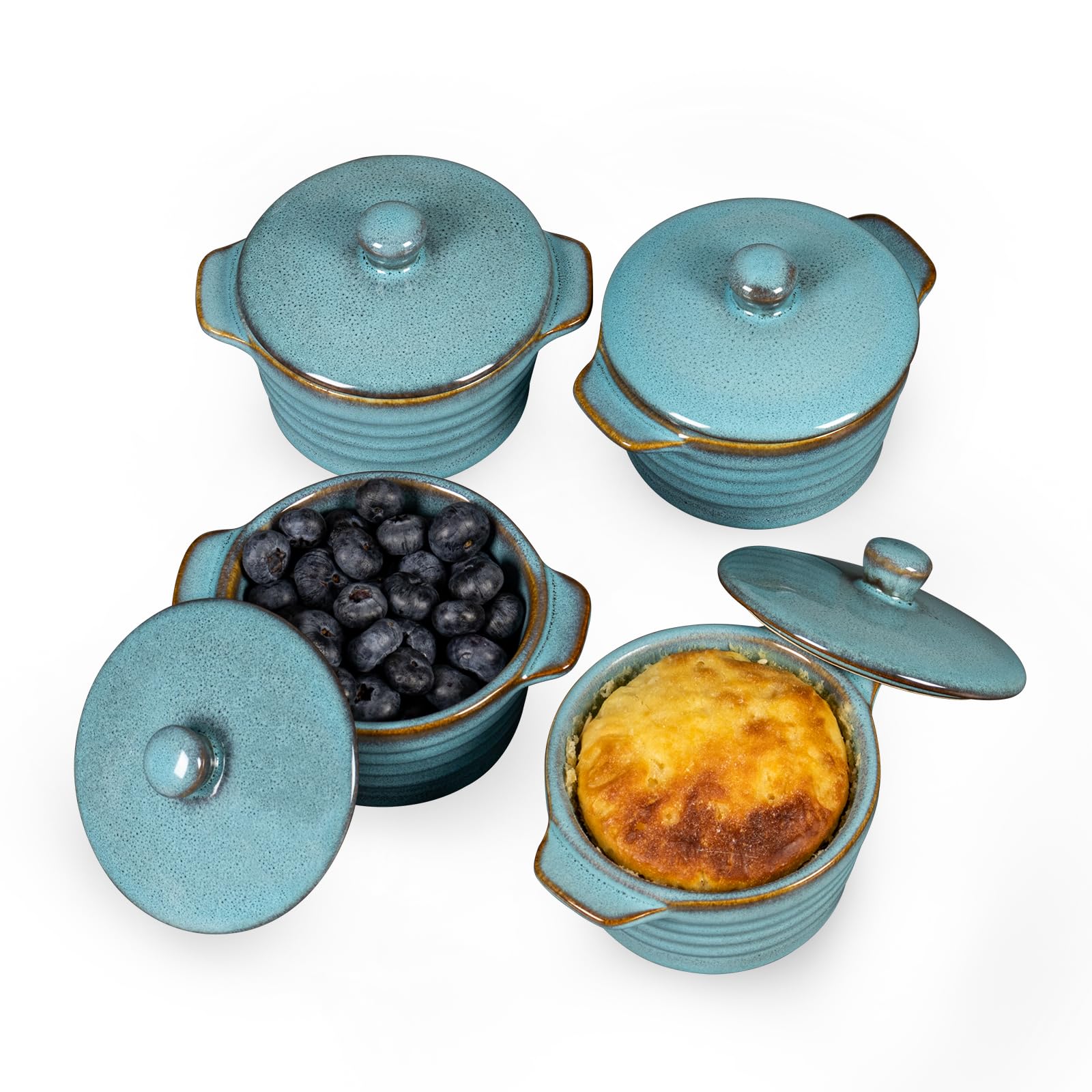 HENXFEN LEAD Mini Cocottes en Grès, 230ml Ramequins Soufflés avec Couvercle, Lot de 4 Petits Ramequins Crème Brûlée, Bleu réactif
