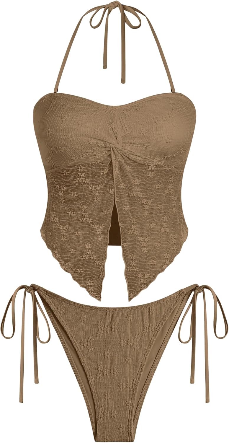 ZAFUL Floral Twist Bikini Set for Women Halter Tankini Tie Side String Swimsuit Two Piece Bathing Suit