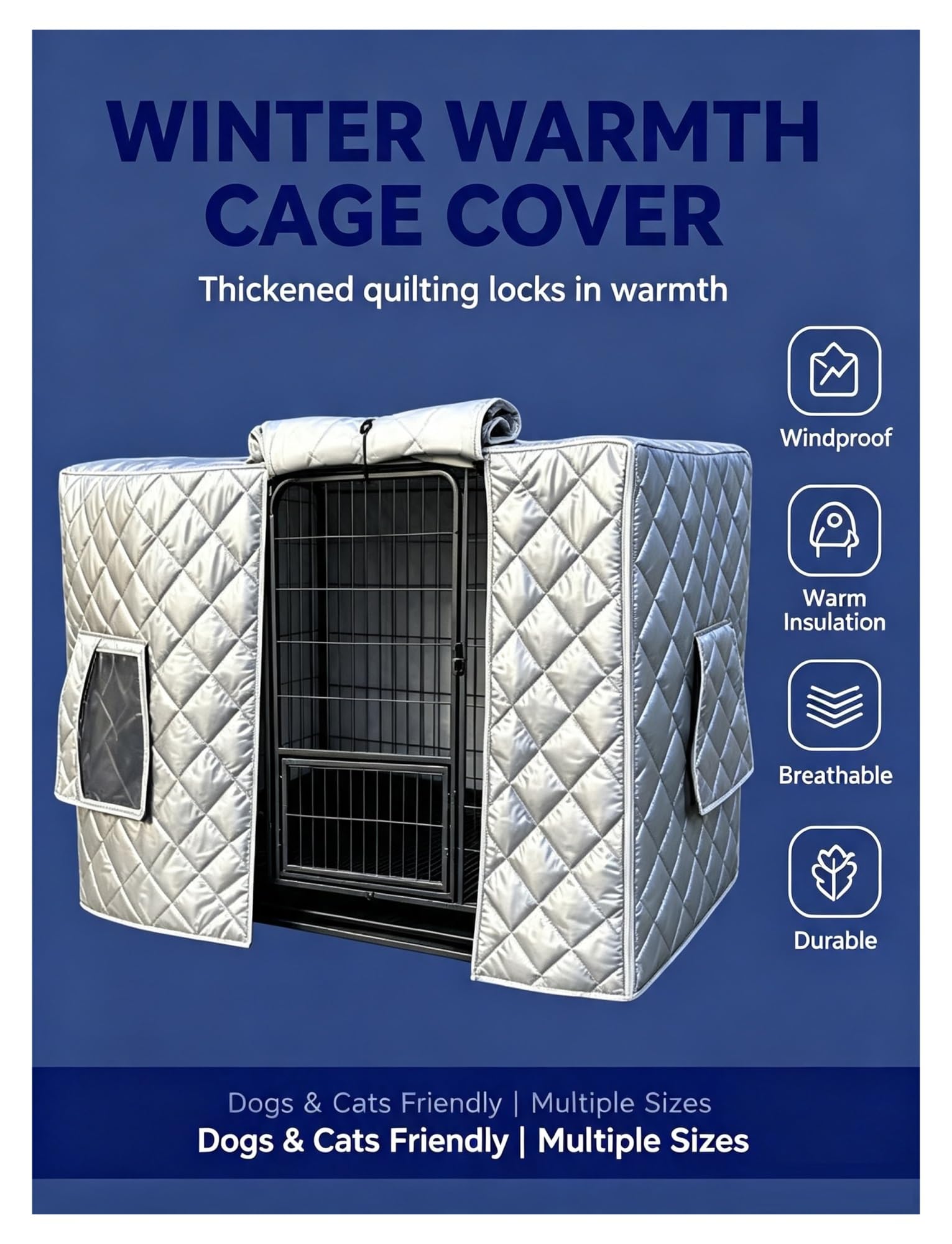 Copertura isolante per gabbia animali, protezione invernale personalizzabil | Tessuto imbottito spesso; Protezione da sole, Wind e polvere; Adatta per cani(Blue,130x60x70cm)