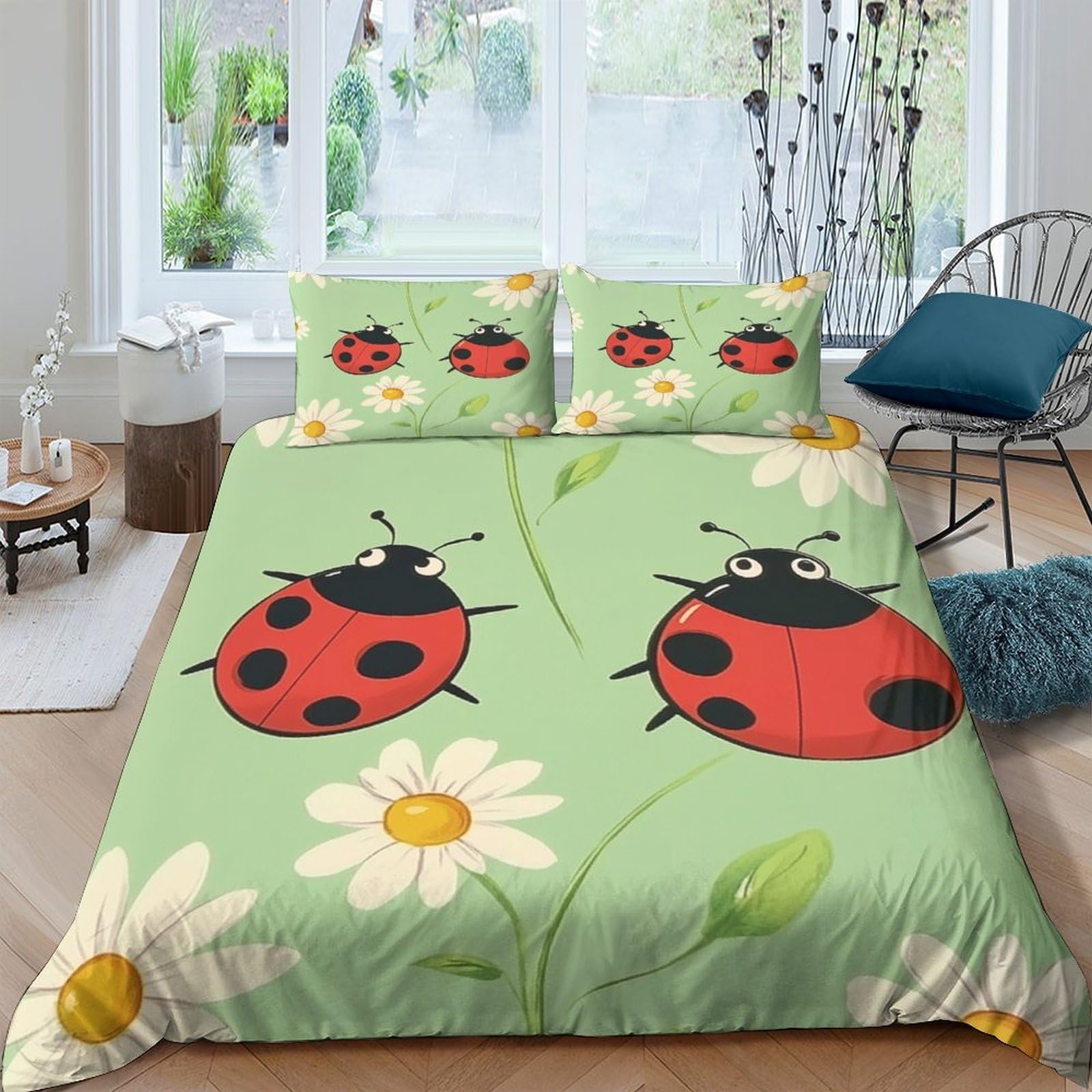 Ctjqhvkz Style-1 3D Printed Ladybug Daisy Fitted Sheet Microfiber Soft Green Cartoon Bed Cover For Bedroom Guest Room Mattress Protection Single（135X200cm）
