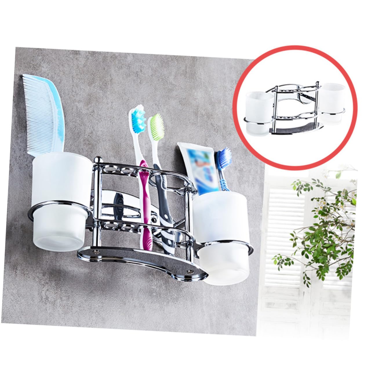 Hohopeti Portaspazzolino in acciaio inox doppio stile tazza gargarismi per bagno a parete tazza di vetro Tumbler rack porta dentifricio