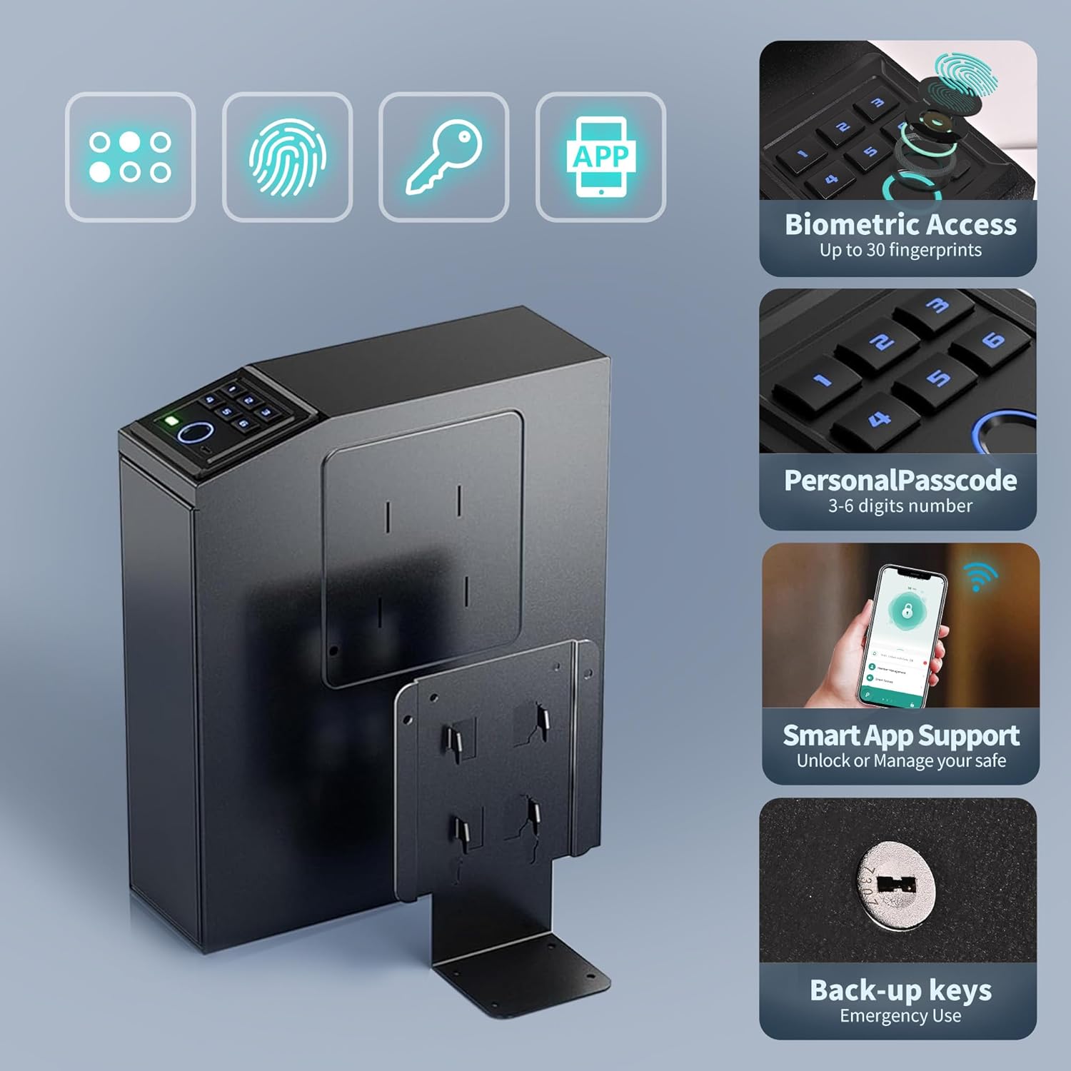 Gun safe, Biometric Gun Safe for Handgun, 4 Ways Quick Access with Fingerprint, PIN Code, Key, APP, Auto Sliding Mounted Bedside Pistol Safe for Car, Truck, Desk, Nightstand, Wall, Dresser