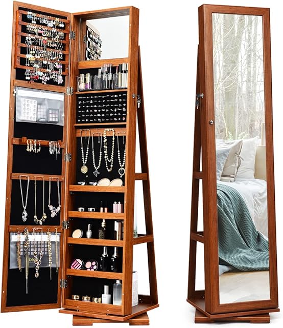 CASART Jewellery Cabinet, 3 in 1 Standing Jewelry Armoire with Full-Length Mirror and Storage Shelf, Lockable Jewellery Organiser for Earring Ring Necklace Cosmetics (360° Swivel Brown)