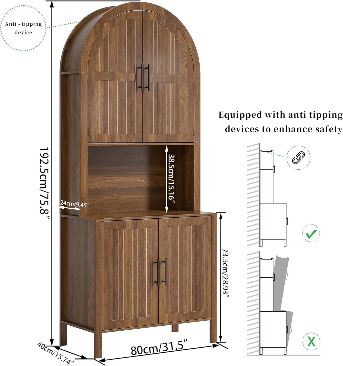 76" Tall Arched Kitchen Pantry, Large Kitchen Storage Cabinet with Fluted Doors and Microwave Stand, Modern Wood Buffet Sideboard, Adjustable Shelves, Cupboard for Dining Room, Living Room, Walnut