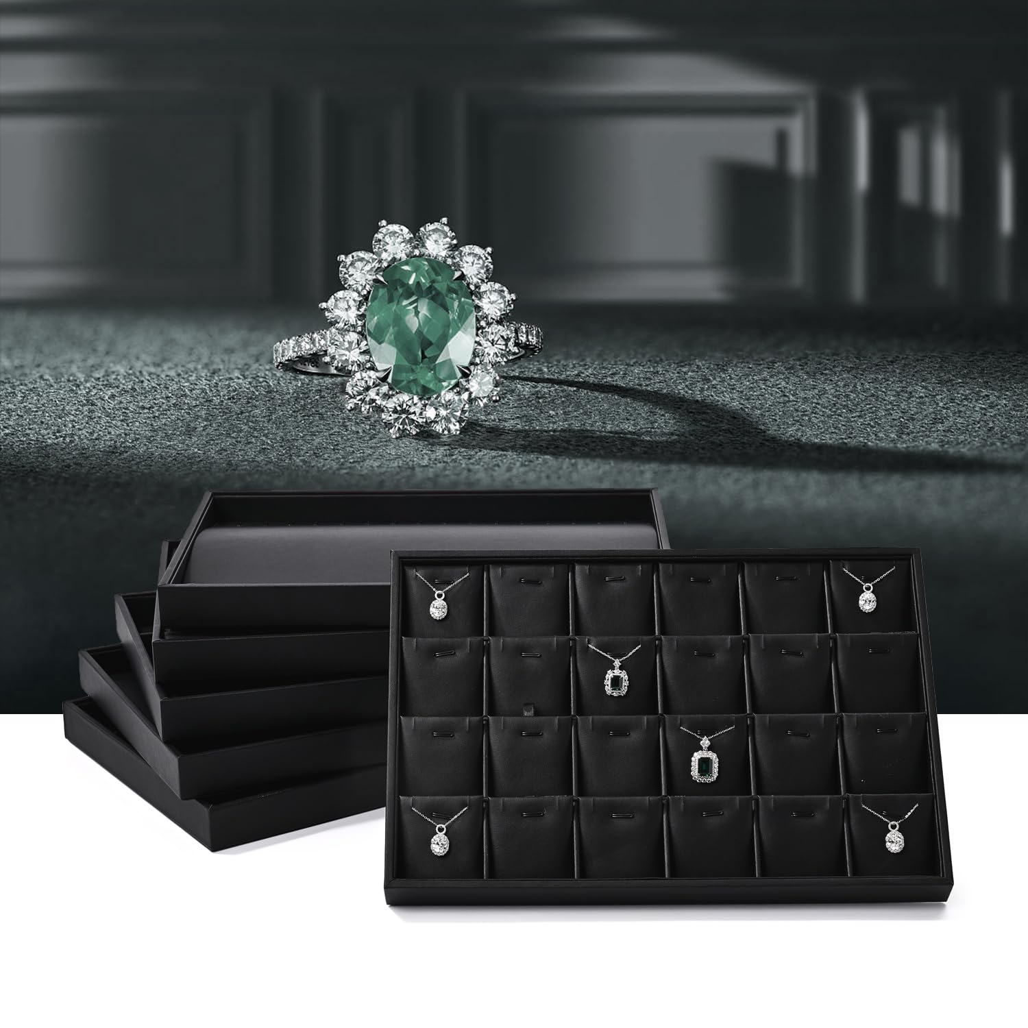 Oirlv Negro PU Cuero Bandeja Organizadora Joyero - Para Anillos, Pendientes, Relojes y Accesorios