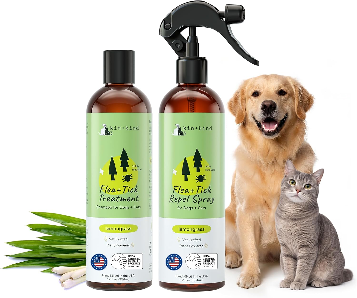 kin+kind Flea & Tick Spray & Shampoo Kit for Dogs & Cats, Lemongrass