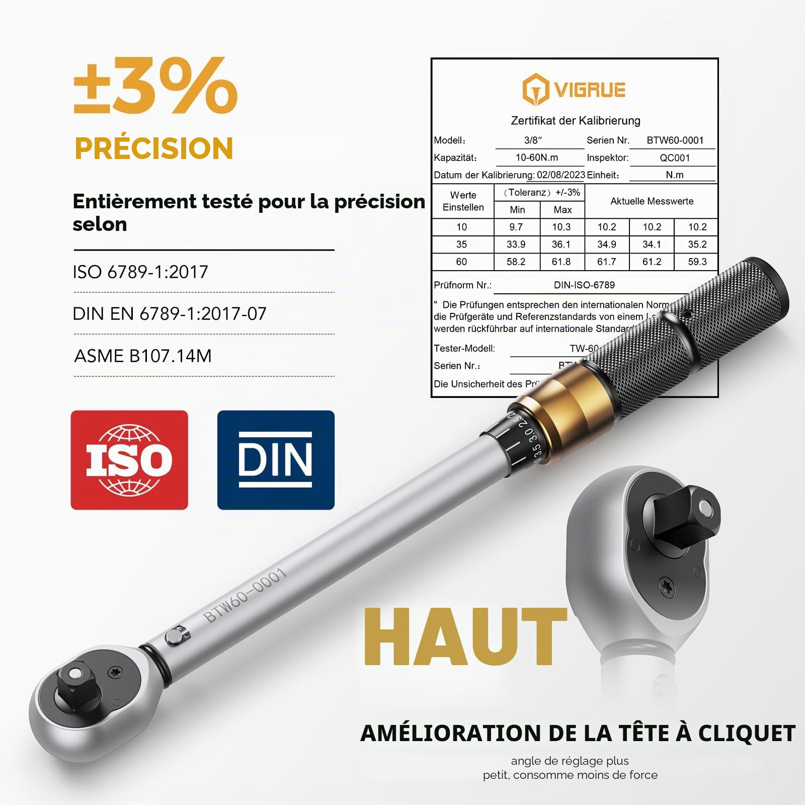 VIGRUE Clé dynamométrique pour vélo, 3/8", 10-60 Nm, précision d'erreur ±3% avec tige d'extension, joint universel, douille de bougie d'allumage, embouts pour vélo, moto et voiture