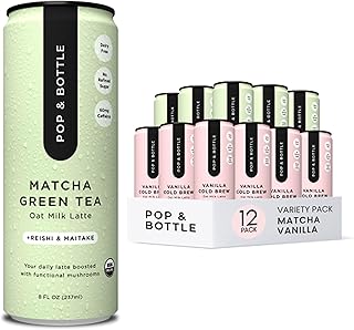Pop & Bottle, Vanilla and Matcha Oat Milk Lattes - Reishi and Maitake Mushrooms, Green Tea, Cold Brew, Marine Collagen, MCT Oil, Organic, Dairy & Gluten Free, Vegan - 8 Fl Oz, (Pack of 12), 6 Each