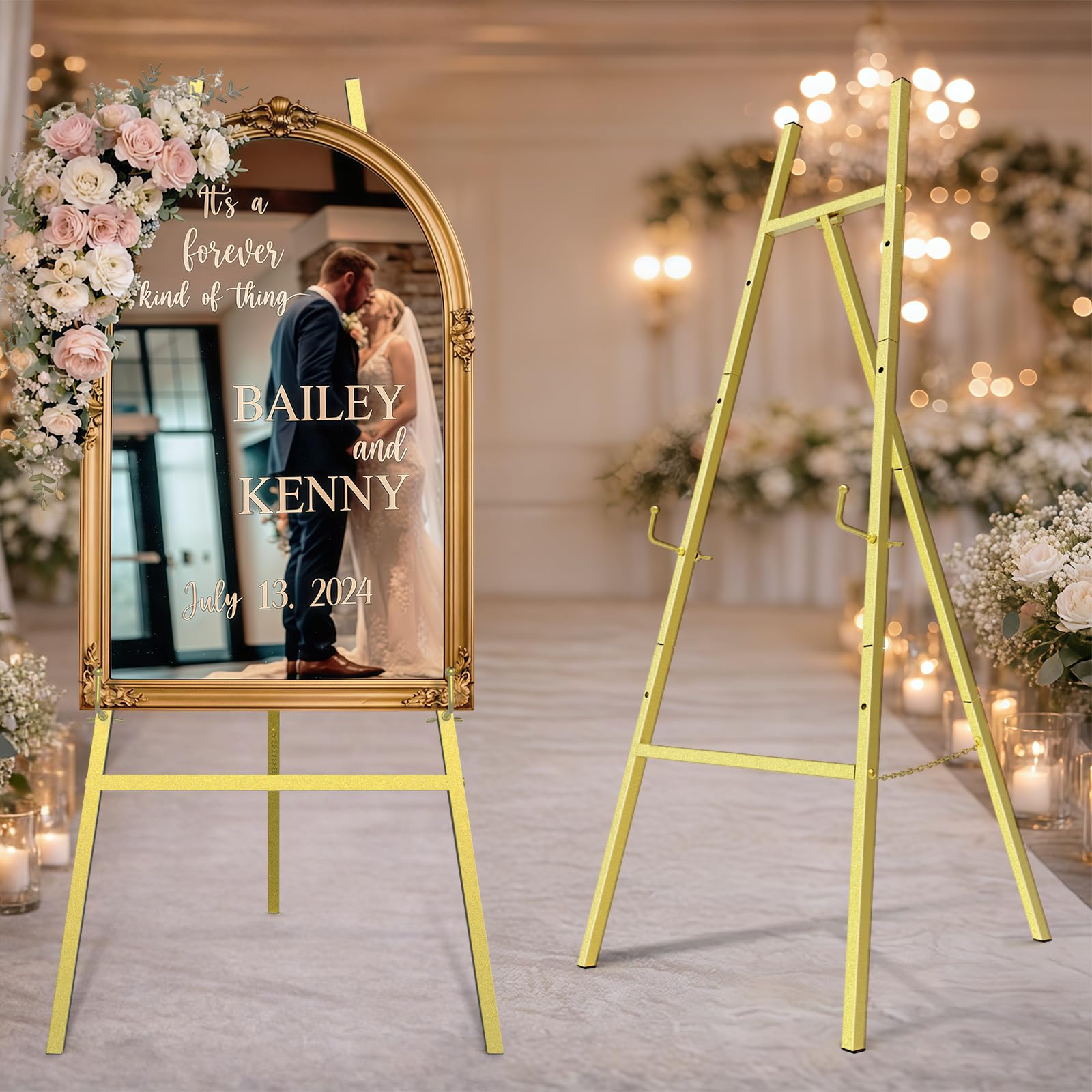 Photo 1 of Gold Easel Stand for Sign, Heavy Duty Metal Display Easel with Adjustable Chain, 4-Tier Art Easel for Painting, Wedding Sign, Posters & Commercial Display