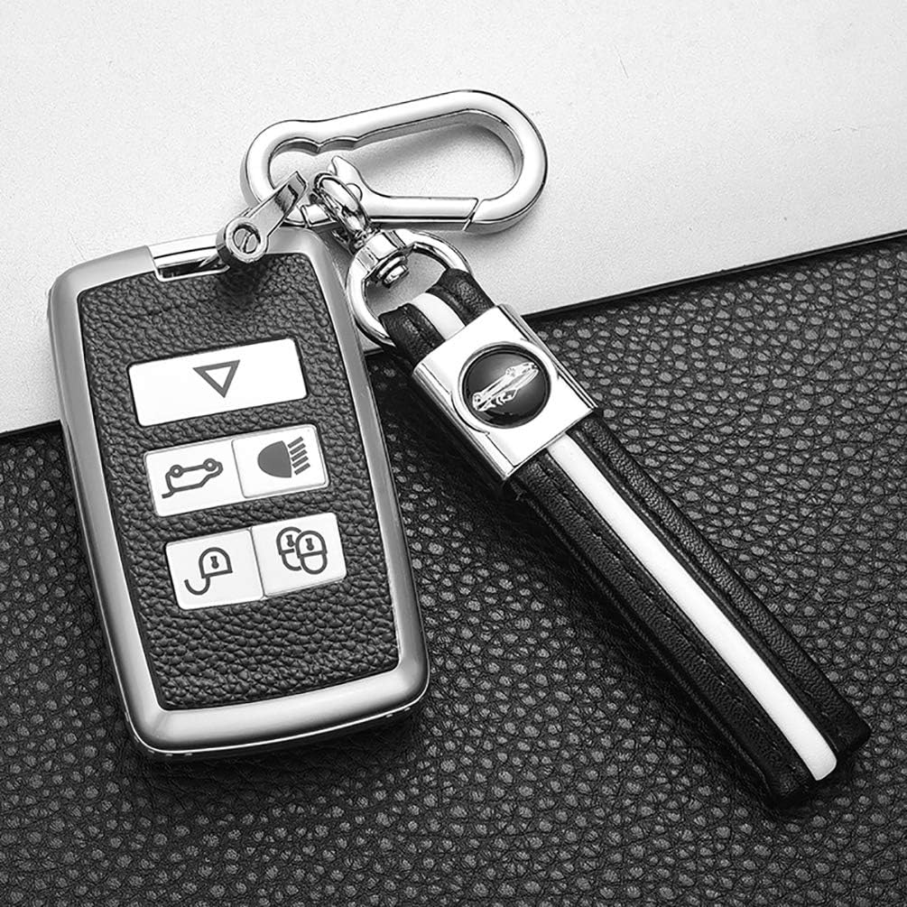 ontto Leather Key Fob Cover for 2018-2020 Land Rover for Range Rover Key Case Holder Soft TPU Full Protection with Keychain Silver