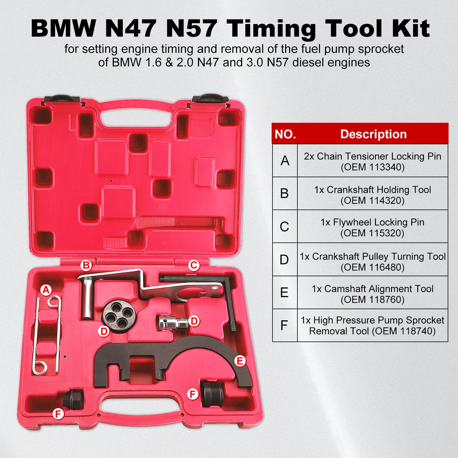 FreeTec 8pzs Kit Calado Distribución, Herramienta Cadena Distribución Motor Diésel, Utiles Calado Bloqueo Árboles de Levas Volante Motor Bomba de Combustible para BMW N47 N47S N57 N57S 320d 1.6 2.0